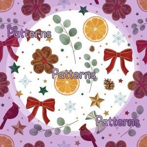 Könnte beinhalten: Ein sich wiederholendes Muster mit einem weißen Mittelkreis, der Illustrationen von Orangenscheiben, roten Schleifen, Sternen, Schneeflocken, Zweigen und dem Text "Patterns" in Lila zeigt. Der Hintergrund ist hellviolett.