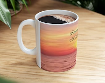 Taza de cerámica con diseño de atardecer, océano y amanecer, paisaje marino y amanecer