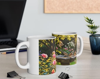 Taza de cerámica con rosas de jardín inglés / Taza floral para baño de pájaros