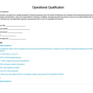 Op de afbeelding: Een wit document getiteld "Operational Qualification" met tekst waaronder "Template Disclaimer" en "1. Purpose". Het document bevat wettelijke vereisten en interne procedures, zoals FDA 21 CFR Part 11, 210, 211.