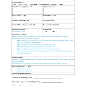Op de afbeelding: Een wit QC Laboratory Deviation and CAPA Formulier met tekstvelden voor afwijkingsdetails, incidentclassificatie en onmiddellijke acties. Het formulier bevat secties voor SOP-, protocol- en analysemethode-informatie.