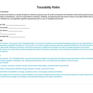 May include: A white document titled "Traceability Matrix" with a template disclaimer and sections for document details, purpose, and scope. The document includes bullet points and is designed for regulatory compliance.