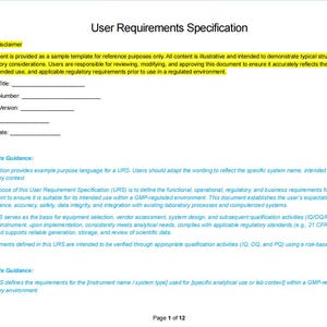 GMP URS Template for Laboratory Instruments | csa aligned | 21 Cfr Part 11 & EU Annex 11