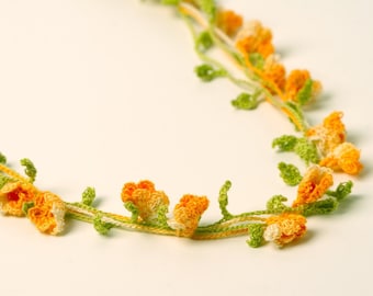 Crochet Pattern Green Leaves and Yellow Flowers Necklace PDF Instant Download