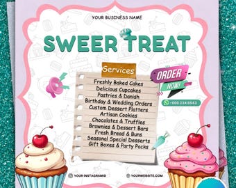 Bakery Flyer Template | Sweet Treat Dessert Menu Flyer | Cake Cupcake Promotion Poster | Bakery Services Price List | Canva Template