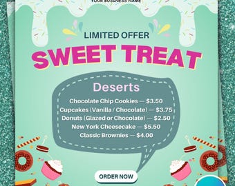 Bakery Flyer Template | Sweet Treat Dessert Menu Flyer | Bakery Price List Poster | Cupcake Donut Promotion | Canva Editable Template