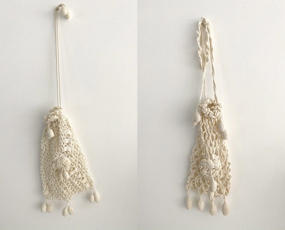 2 Victorian White Crochet Drawstring Handbag