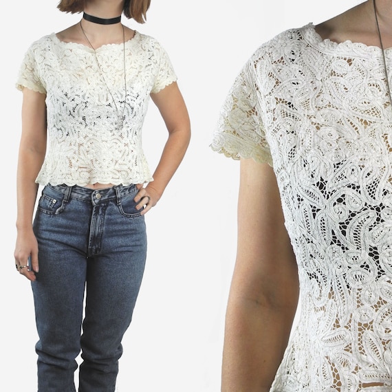 1940s lace top / vintage lace shirt / 40s lace cro