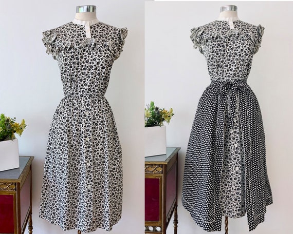 1970s Black & White Floral Dress w Shamrock Apron