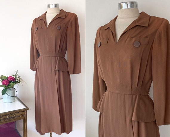 1940s Anna Miller Vintage Brown Rayon Peplum Dress
