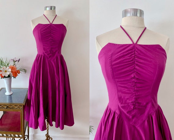 1970's Studio 54 Purple Halter Dress / Rouched Vin