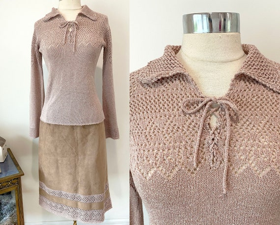 1970s Ultra Suede Skirt & Knit Top Outfit / Croche