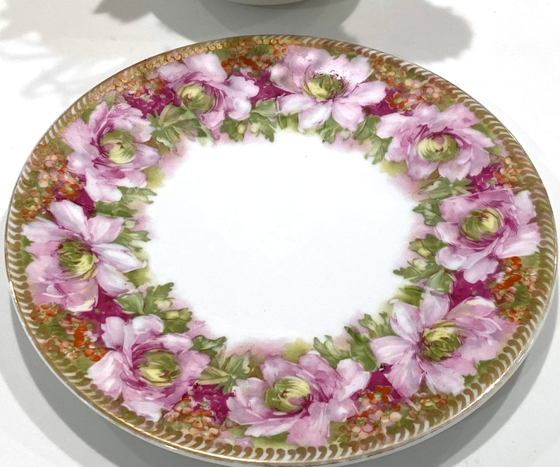 Antique Hand Painted Hohenzollern Wittelsbach Germany Bone Pink and Green China Plate