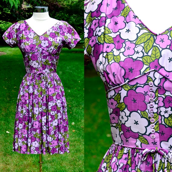 1960's Purple Floral Cotton Dress / Jonathan Logan