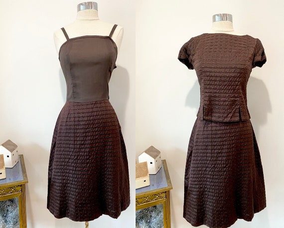 1960s 2 Piece Brown Textured Satin Dress / Vintage