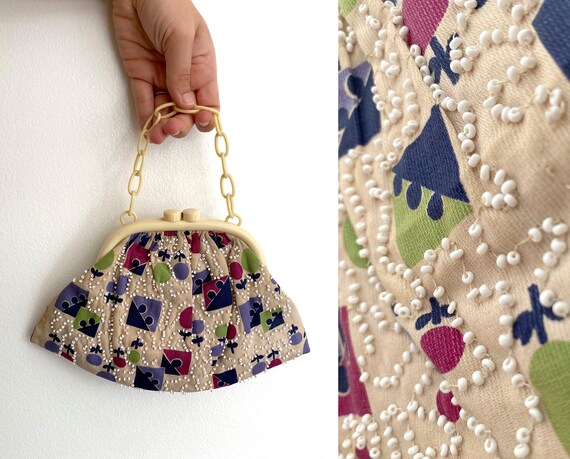 Art Deco Beaded Print Handbag / 1930s Vintage Bag