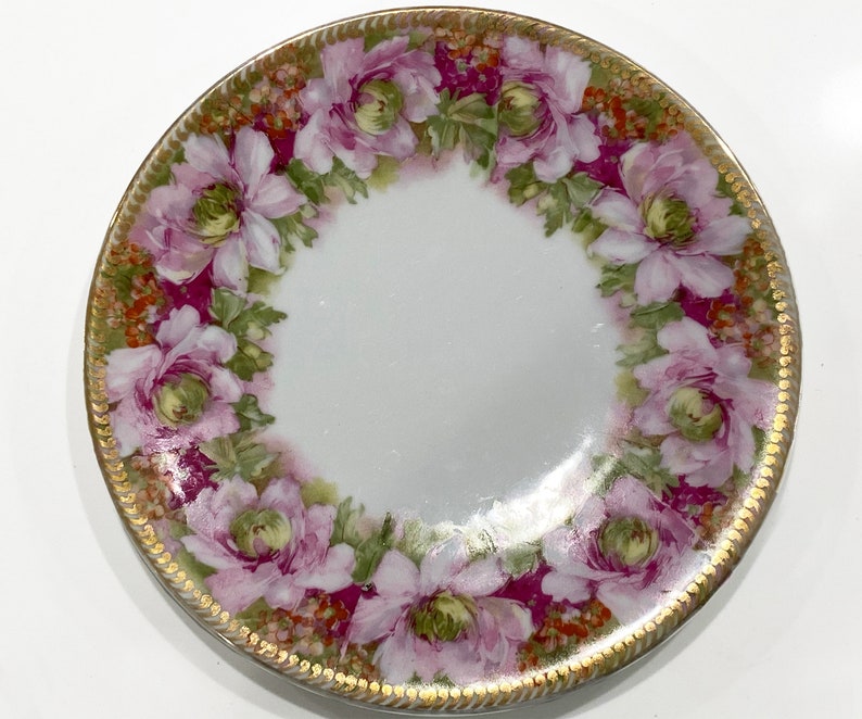 Antique Hand Painted Hohenzollern Wittelsbach Germany Bone Pink and Green China Plate