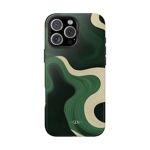 May include: A smartphone case with a green and beige abstract design. The case features a dark green border and a pattern of curved lines in varying shades of green and beige. The word "GEN" is printed in white on the lower right.