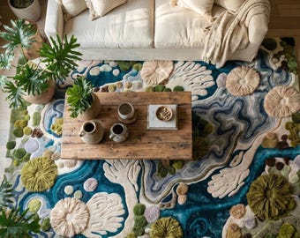 3D Moss Landscape Rug, Hand Tufted Wool Area Rug, Abstract Green Blue Textured Art Nature Décor Bedroom Living Room, High Pile Custom Carpet