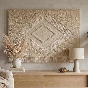 May include: Beige woven wall hanging with a diamond pattern, fringed bottom, and a neutral color palette. A white vase with dried flowers, a lamp, and a wooden cabinet complete the decor. A cozy, neutral-toned living room.