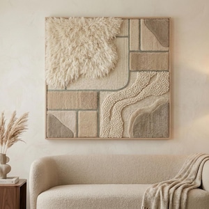 May include: A large, square wall art piece with a light wood frame. The artwork features a textured design with various beige and cream-colored elements, including a fluffy, cloud-like section and a beaded wave pattern. The piece hangs above a beige sofa.