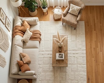 Handknotted Wool Area Rug | Beige Ivory Geometric Boho Design (8x10)
