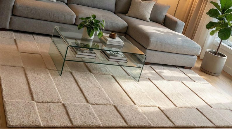 Beige Textured Wool Rug, Hand Tufted Scandi Geometric Area Rug ...