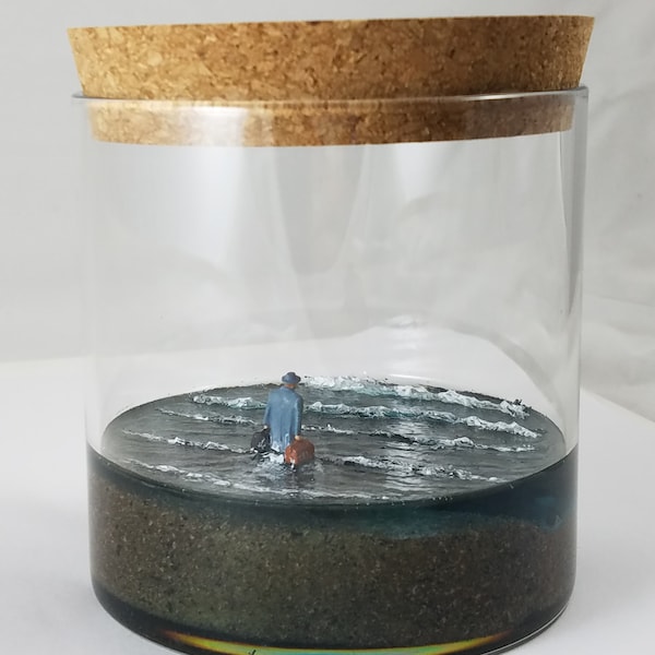 Diorama "Nowhere Left to Go" -- Tabletop or Desktop Jar Display of Man Walking into Melancholy North Atlantic