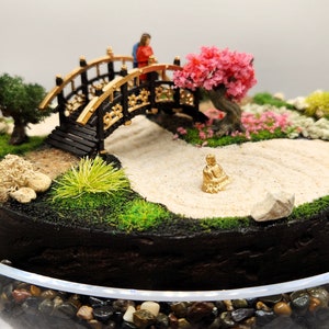 Zen Garden Diorama -- Tabletop or Desktop Jar Display of Couple in Japanese Garden with Buddha, Cherry Tree, Bonsai Tree and Functional Sand