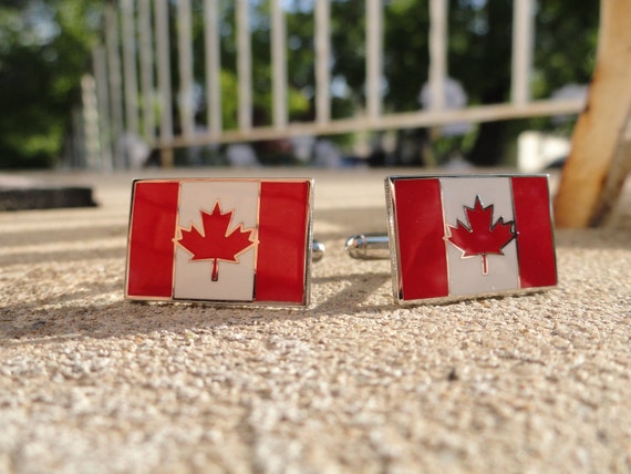 Boutons De Manchette Vintage Drapeau Feuille D'érable Canadien - Rouge Et Argenté, Occasion Bon état
