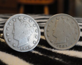 Liberty Head Nickel Coin Cufflinks, Lapel Pins, Tie Bars, Earrings, Jewelry and Accessories