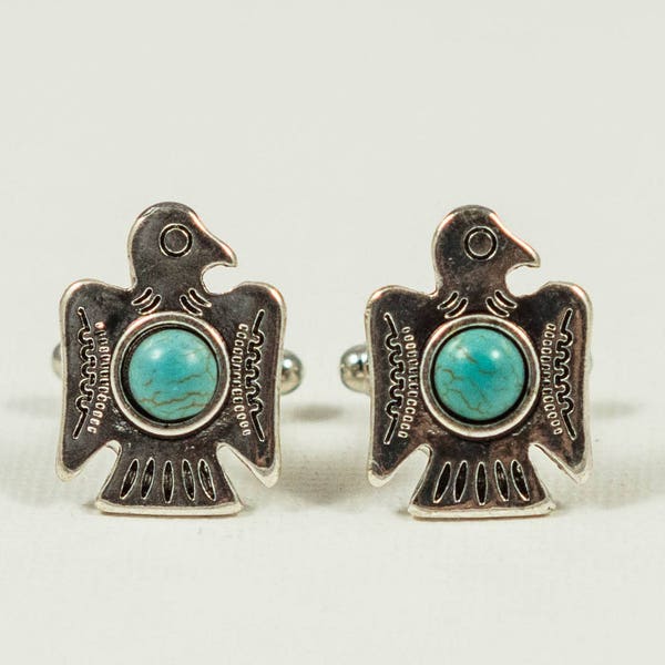 Turquoise Stone Native American Indian Bird Cufflinks, Lapel Pins, Tie Bars, Earrings, Jewelry and Accessories