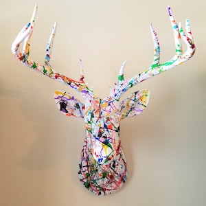 Abstract Expressionist Buck Deer Head -- Custom Painted Animal Head Sculpture Wall-Mounted Colorful Art