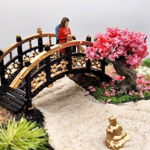 Zen Garden Diorama -- Tabletop or Desktop Jar Display of Couple in Japanese Garden with Buddha, Cherry Tree, Bonsai Tree and Functional Sand