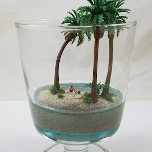 Diorama "Happily Marooned" -- Tabletop or Desktop Jar Display of Couple on Island Beach Vacation with Palm Trees