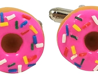 Pink Strawberry Donut Cufflinks, Lapel Pins, Tie Bars, Earrings, Jewelry and Accessories -- Customize Your Own Flavor