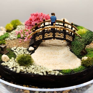 Zen Garden Diorama -- Tabletop or Desktop Jar Display of Couple in Japanese Garden with Buddha, Cherry Tree, Bonsai Tree and Functional Sand