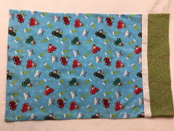 Snowmen Cars and Christmas Trees Pillowcase With Green Cuff | Etsy