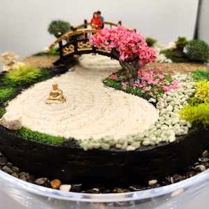 Zen Garden Diorama -- Tabletop or Desktop Jar Display of Couple in Japanese Garden with Buddha, Cherry Tree, Bonsai Tree and Functional Sand