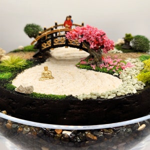 Zen Garden Diorama -- Tabletop or Desktop Jar Display of Couple in Japanese Garden with Buddha, Cherry Tree, Bonsai Tree and Functional Sand