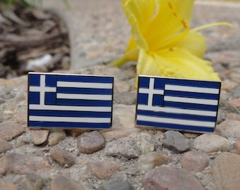 Magnifiques Boutons De Manchette Drapeau Grec En émail – Or 18k 750 – 11g – Élégant Et Vintage