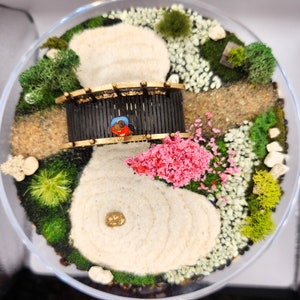 Zen Garden Diorama -- Tabletop or Desktop Jar Display of Couple in Japanese Garden with Buddha, Cherry Tree, Bonsai Tree and Functional Sand