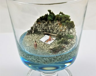 Diorama "Memories of Croatia" -- Tabletop or Desktop Jar Display of Couple on Rocky Beach Vacation with Stone Wall and Plants