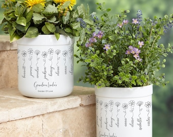 Personalized Garden of Love Flower Pot – Custom Names Stoneware Planter – Floral Family Gift