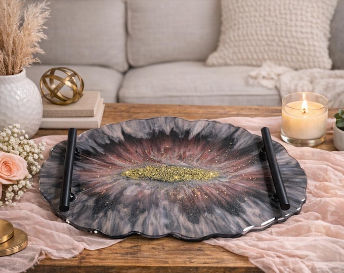 Featured listing image: Resin Geode Tray with Handles – Black, Red & Gold Marble Design