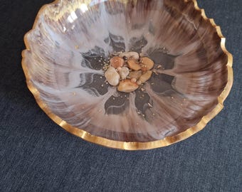 Handmade Geode Resin Bowl with Gold Rim – Marbled Scalloped Trinket Dish, Stone Center Catchall