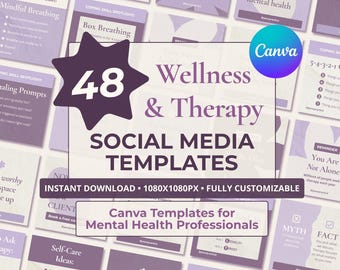 May include: A collection of 48 wellness and therapy social media templates, fully customizable and available for instant download. The templates are designed for mental health professionals and feature a purple and white color scheme.