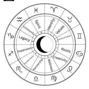 Peut inclure: Un diagramme d'astrologie en noir et blanc avec des symboles du zodiaque et le mot "Astrology" en haut. Le diagramme est circulaire, avec des sections intitulées "Spirit", "Identity", "Values", "Communication", "Roots", "Creativity", "Wellness", "Partnership", "Transformation", "Expansion", "Legacy" et "Community".