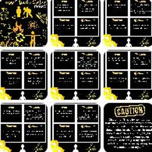 May include: A set of nine black and gold safety cards. Each card has a yellow corner and a white silhouette of a person. The cards contain text and symbols, with the word "CAUTION" on one card.