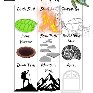 Puede incluir: Gráfico con la palabra "Turtle" e ilustraciones. Las ilustraciones incluyen una tortuga verde, un caparazón de tortuga verde, llamas, raíces de árboles, una madriguera, un camino de piedra, una concha en espiral, un excursionista, montañas y un arco.
